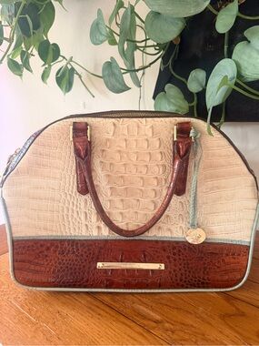 Brahmin Cream and Brown Croc-Embossed Satchel with Mint Trim